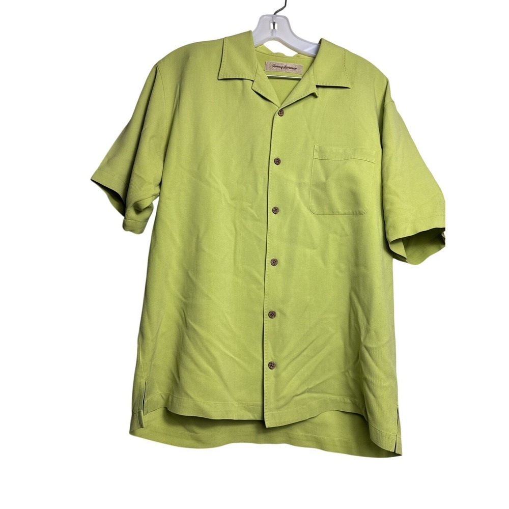 Tommy Bahama Men Medium Lime Green Short Sleeve Hawaiian Resort Aloha Camp Shirt